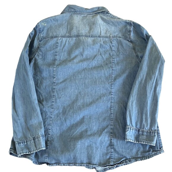 Per Se Shirt Denim Studs Roll Flip Sleeve Floral Blue 1X Button Hippie Boho Y2K - Picture 12 of 16